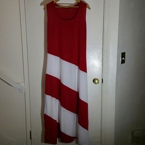 Red and white spiral striped sleeveless maxi dress